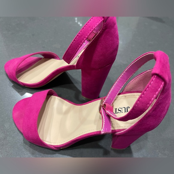 JUST FAB LENA HEELED SANDALS. Raspberry Pink/Suede-Like. Size 9. 4.25” Heel. - Picture 2 of 10